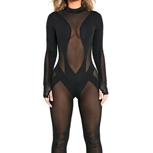 Mesh Splicing Long Sleeve Solid Jumpsuit